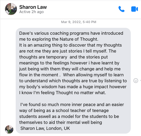 Sharon Law testimonial about Dave Berman's coaching on the Nature of Thought