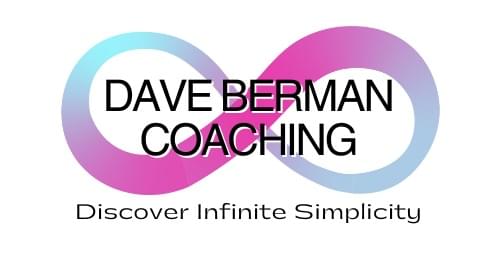 This is a logo. Background: an infinity symbol with a gradient of blue/purple to match the website. Foreground: Dave Berman Coaching. Beneath the symbol: Discover Infinite Simplicity