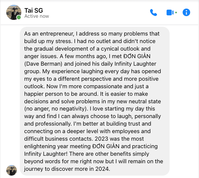 Infinity Laughter testimonial from Tai SG