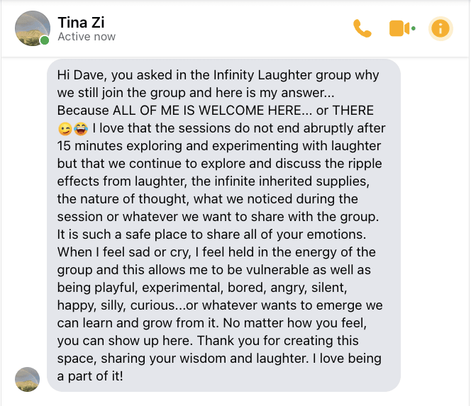 Infinity Laughter testimonial from Tina Zi