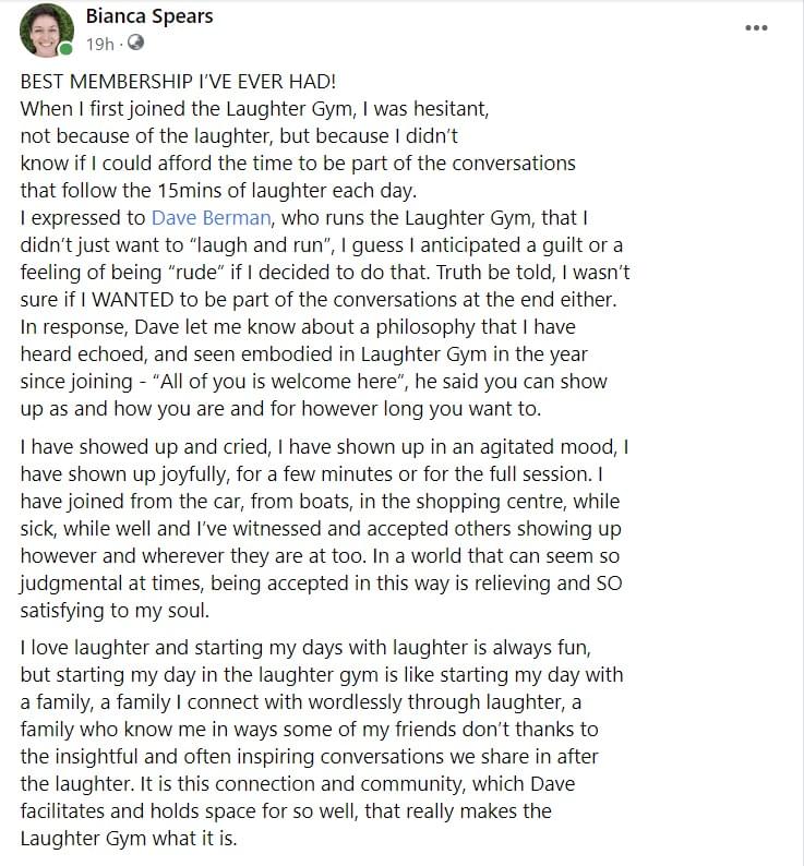 Laughter Gym testimonial from Bianca Spears - All of you is welcome here