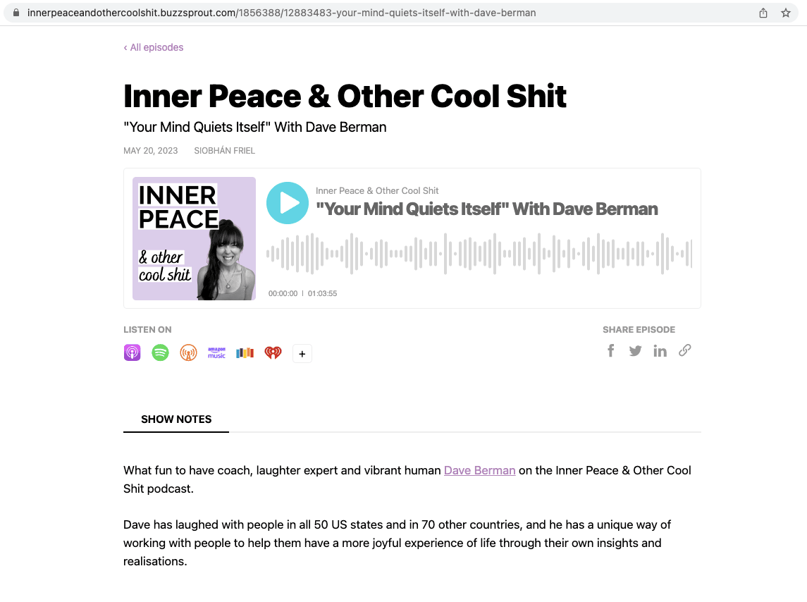 Siobhán Friel and Dave discuss how the mind quiets itself in Episode #51 of the Inner Peace & Other Cool Shit podcast.