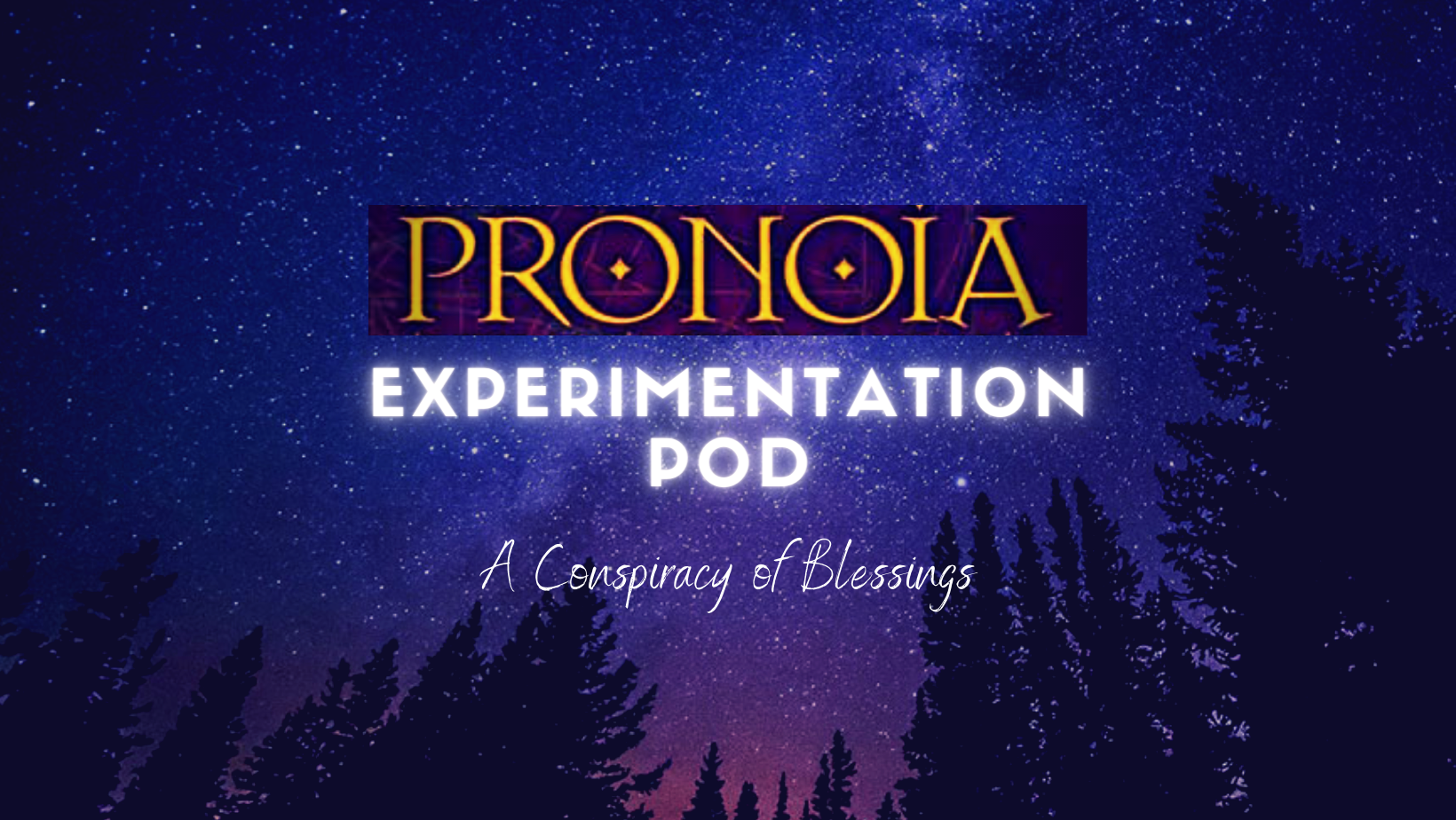 Tall trees in silhouette against a starry sky. Words say Pronoia Experimentation Pod, A Conspiracy of Blessings